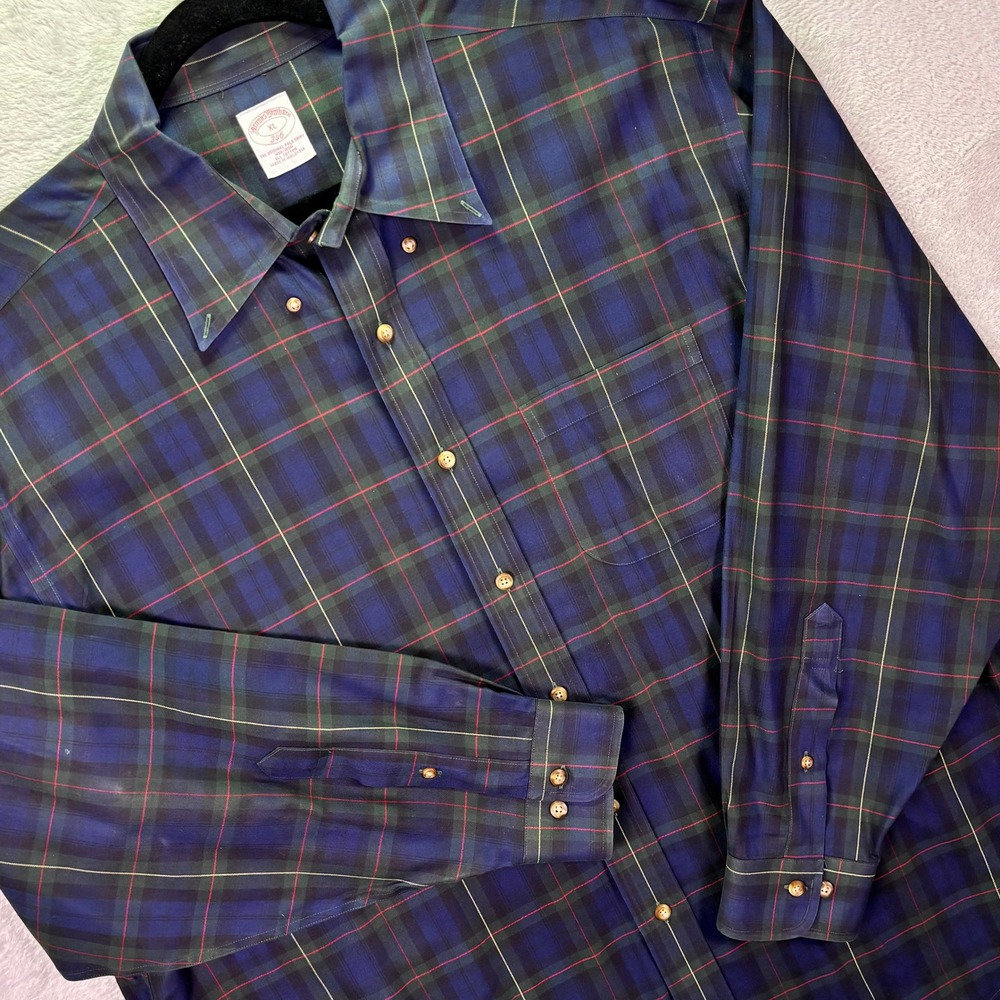 Brooks Brothers 346 Men's Shirt XL Blue Green Tartan Plaid Non-Iron Button Down